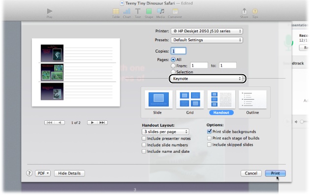 The Print dialog box looks different depending on which version of OS X you’re running. Here, OS X Mavericks’ Print window shows a preview of your printed document on the left. Click the arrow buttons below the preview to flip through all the pages that Keynote will print. On the right are the Keynote-specific printing options. To switch to other printer options, make another selection from the unlabeled drop-down menu that’s set to Keynote here (circled).