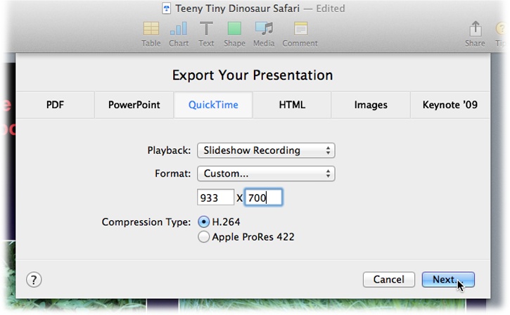 If Keynote’s three off-the-rack QuickTime formats don’t provide the fit you desire, choose Custom to create the perfect export. The settings that appear let you choose a custom movie size, and you can use the Compression Type setting to tweak your video’s behavior. Choose from H.264 (one of the most widely used formats for distributing video content) or Apple ProRes 422 (which is generally used for video editing and not viewing).