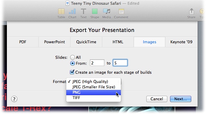 Set the slide range and image format, and tell Keynote whether to make individual images from each build. It’s often a good idea to make a sample export of one slide in each format and compare their quality, so you can pick the format that suits your needs.