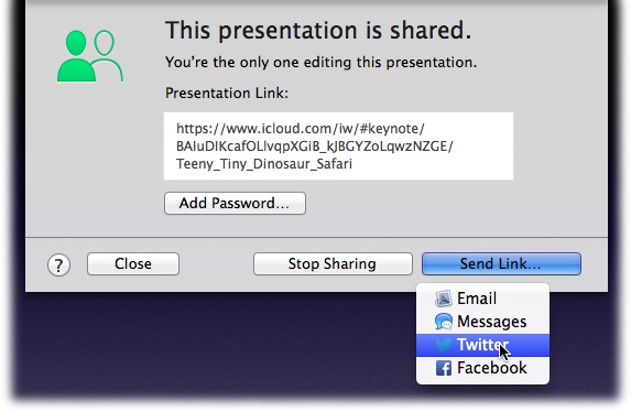 After you’ve shared a presentation, the Share button undergoes a bit of a makeover to let you know that other people have access to it. If you want to stop sharing your presentation, click this new Share button, select View Share Settings, and then click the Stop Sharing button. In this window, you can also share the link to your document with more people (or resend the link, if an absentminded colleague has misplaced it): Click the Send Link button and choose one of the options from the drop-down menu that’s open in this screenshot.