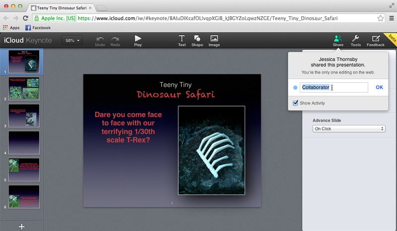 When you’re editing a presentation that’s been shared with you via iCloud, you can work on it in pretty much the same way you edit a slideshow on your Mac: The toolbar, Format panel, and slide navigator are all present and accounted for. You can review who else is editing it by clicking the Share button. In the Share drop-down menu shown here, you can change your username from Collaborator to something that better reflects your personality.