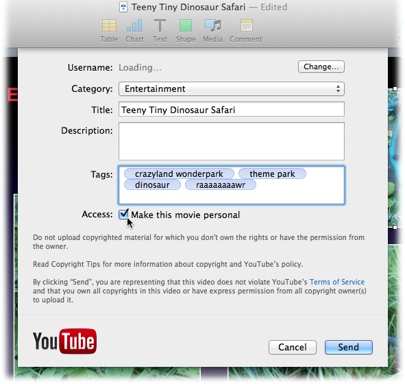 Choose Share→“Send a Copy”→YouTube to share your slideshow as a movie on the super-popular video-sharing website. To get started, tell Keynote whether you’re creating a self-playing presentation or whether you want to use the Slideshow Recording option (which is available only if you’ve actually created a recording!). If you select Self-Playing, you can choose how long each slide and build should hang around before Keynote advances to the next slide/build. Click Next, enter your account details as shown here, and then click Send to post to YouTube.