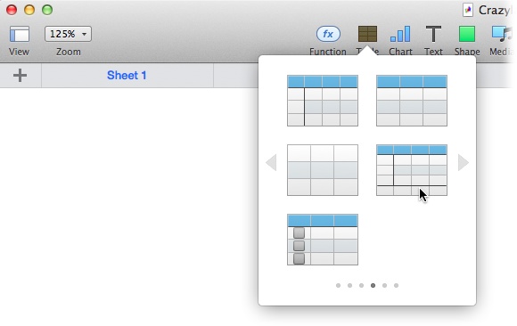 The Tables drop-down menu holds a selection of prefab tables, each with its own style and layout. (Click the arrows on the sides of the drop-down menu to see more options.) To add a new table to your sheet, click it in this menu, and Numbers gives you a fresh grid to work with.