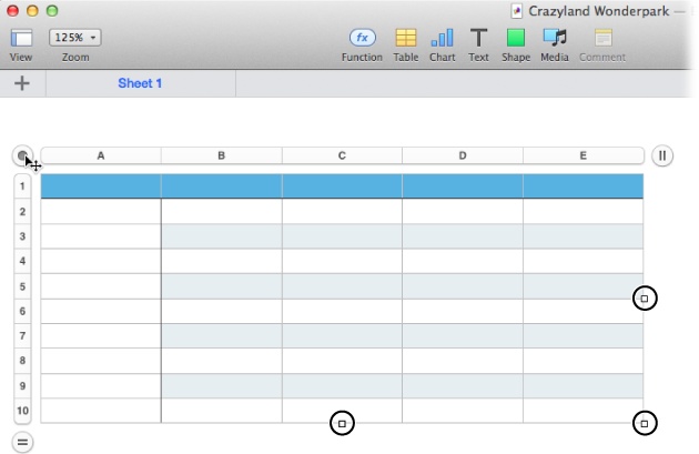 When a table is selected at the cell level, you’ll notice a circular icon in the table’s upper-left corner (where the cursor is here). Click it to select the table at the object level or move the table to a new location by dragging this icon. The presence of the table’s three selection handles (circled) signals that it’s selected at the object level.