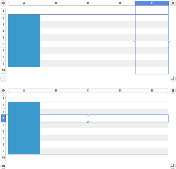 Top: Click the lettered reference tab at the top of a column to select the whole column. In this screenshot, column E is selected.Bottom: Click the numbered reference tab to the left of a row to select the entire row. Here, row 4 is selected.When using these techniques, avoid clicking the reference tab’s arrow icon—not shown here—or you’ll display the tab’s drop-down menu instead of selecting the column or row.