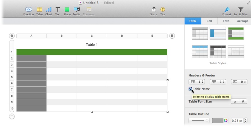 Numbers gives each table a name—though the name hides behind the scenes when you first create the table. To make a table’s name visible and ready for editing, open the Format panel’s Table tab, and then turn on the Table Name checkbox. The name appears at the top of your table, as shown here; double-click the title to make it editable. You can edit and format the title just like any other text in Numbers.