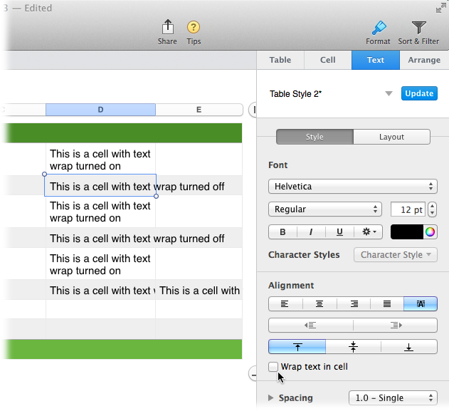 Turn off a cell’s “Wrap text in cell” checkbox to allow text to spill into neighboring cells when those cells are empty. When the cell next door contains data, however, text doesn’t spill; instead, it gets clipped to remain inside its cell boundaries (as shown in the last filled-in cell in column D here). Fortunately, the data remains intact behind the scenes. When you select a clipped cell at the text level (either by double-clicking the cell or pressing Option-Return), Numbers displays the entire contents of the cell—even the hidden part.