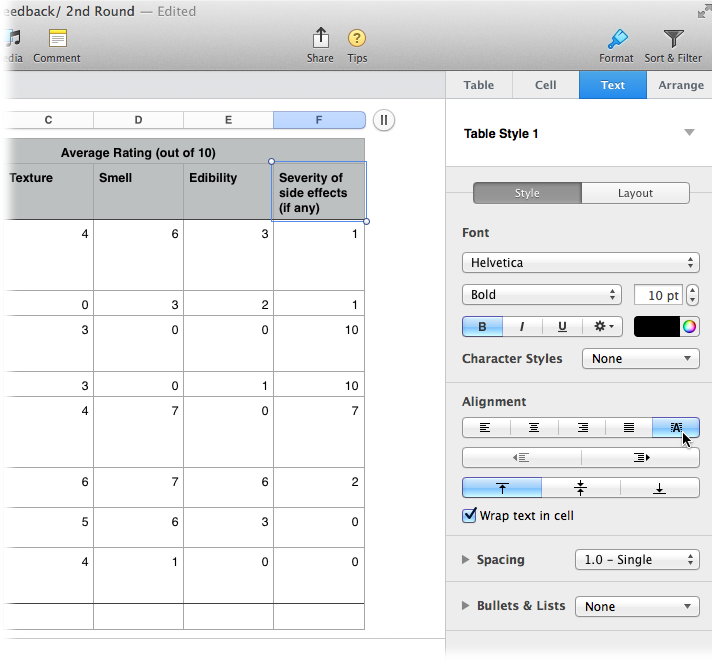 Use the Format panel’s Text tab to style the text of selected cells. Here, the cell containing the text “Severity of…” is selected so that any changes apply to all the text within this cell. The Text tab’s menus and buttons include font family; typeface; font size; font color; and alignment. Automatic alignment (where the cursor is positioned in this screenshot)—which is usually turned on unless you change it—positions content according to its data type: right alignment for numbers and dates, left alignment for text, and center alignment for Boolean values (page 479).