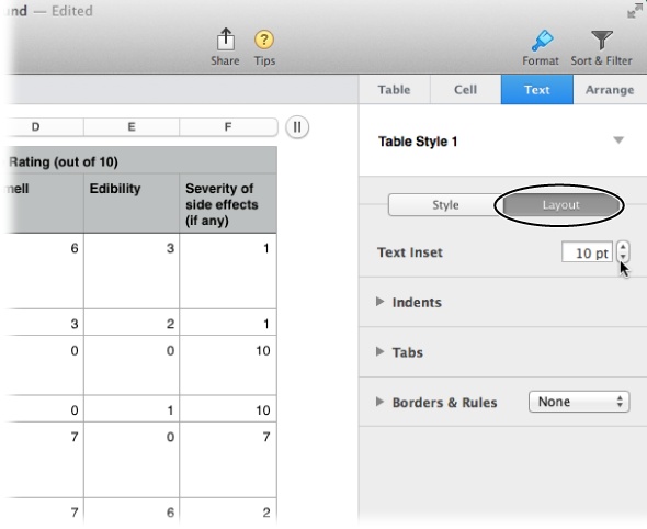 You can access additional text formatting options by clicking the Text tab’s Layout button (circled). The Layout settings let you fine-tune your text’s indent, as well as add borders, rules, and change the background color of your text.The Text Inset setting is especially useful in tables, adding space between cell boundaries and data to make text-heavy tables a bit more readable. Here, cells include 10-point padding around the content within.