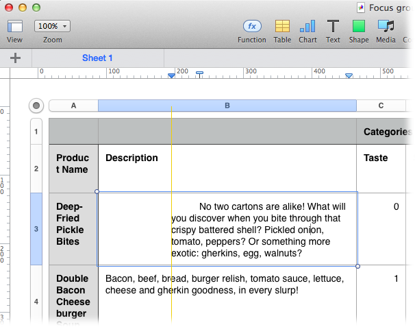 Choose View→Show Rulers in order to make margin and tab adjustments with the ruler. Select a cell at the text level, and Numbers displays the margins and indents for the selected paragraph in the ruler, as shown here. Add a tab stop by clicking in the ruler, and then move the stop by dragging it. Here, a new tab stop is being applied to the text in cell B3.