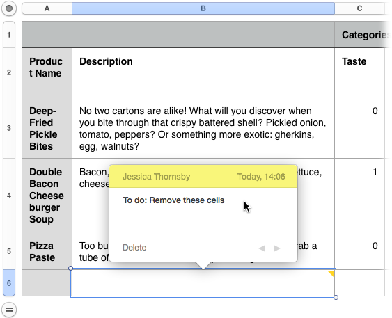 When you add a comment to a table cell, Numbers ties a comment balloon to the cell. To hide all comments, go to View→Comments→Hide Comments, or use the View button in the toolbar. To get your comments back, repeat the process, but choose Show Comments instead.