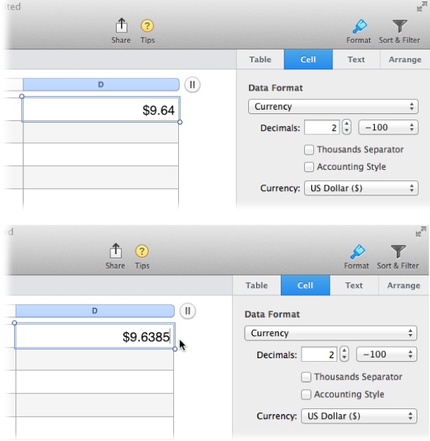 Top: Because the person entering this data included a dollar sign when entering this value, Numbers assumes that this value is a currency. Because of that, Numbers displays only two decimal places—.64—since that’s standard practice for most currencies, even though the original value was $9.6385.Bottom: Double-clicking the cell to select it at the text level displays the actual value, as shown here. When you go back to selecting the value at the cell level (or no longer have the cell selected at all), the value reverts to the rounded value, $9.64.