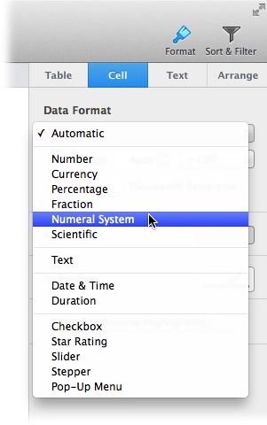 The Data Format drop-down menu lets you choose from a vast range of options, including Currency, Percentage, Fraction, Scientific, Date & Time, and Duration. (The Slider, Stepper, Star Rating, and Pop-Up Menu options are a bit different from the rest of the options in this menu; you’ll learn more about them on page 480.)