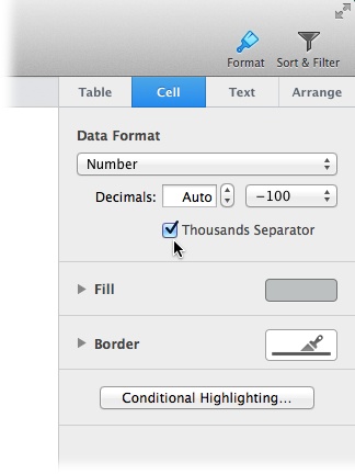 When you select the Number data format, you can fine-tune how Numbers displays your numerical info.Use the Decimals field to tell Numbers to display more or fewer decimal places. If a data value has more decimal places than you set here, Numbers rounds the value for you.To dictate the way negative values are displayed, use the unlabeled drop-down menu that’s set to –100 here. And the Thousands Separator checkbox makes the difference between 1000 and 1,000.Don’t be thrown by the fact that this is the only data format with the word “number” in its name. Most of the other data formats are meant to be used with numbers, too, but Number is a good format for values that don’t fit any of the other, more specific numeric options (such as Currency, Percentage, and so on).