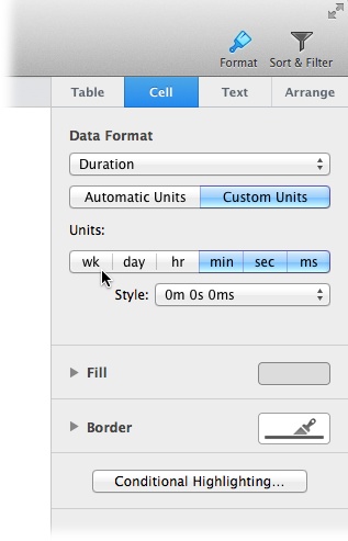 You can change how Numbers displays durations by clicking the Custom Units button and then selecting the units you want to display. Left to right, you can choose from weeks, days, hours, minutes, seconds, and milliseconds. (You have to select neighboring units; for example, you can display a duration as weeks, days, and hours, but not weeks and hours, or hours and seconds). You can also choose a format for the selected duration from the Style drop-down menu.You can use durations in formulas to add and subtract amounts of time, for example. Especially handy: When you subtract one Date & Time value from another, you get a Duration value. For more on doing math with dates, times, and durations, see page 539.