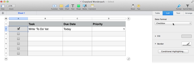 This spreadsheet uses checkboxes to indicate completed items in a to-do list. Behind the scenes, turning on a checkbox sets the cell’s value to TRUE; turning it off sets the value to FALSE.