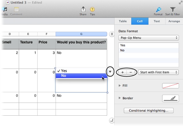 Cells with pop-up menus sprout a flippy triangle when you select them (circled, left). Click the triangle to reveal a pop-up menu of the allowed values for that field.In the Cell tab, you add and remove items from the pop-up menu by clicking the + and – buttons (circled, right). To rename a menu item, double-click it in the Cell tab’s table.