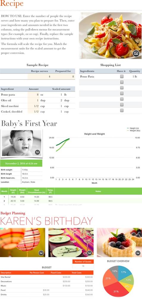 Numbers can create all the grids you want, but it can also create graphical reports with pictures, text, charts, shapes—even movies and sound. The Template Chooser (page 433) is a good place to browse for examples and inspiration. Here, the Recipe, Baby Record, and Party Planner templates offer three lively examples.