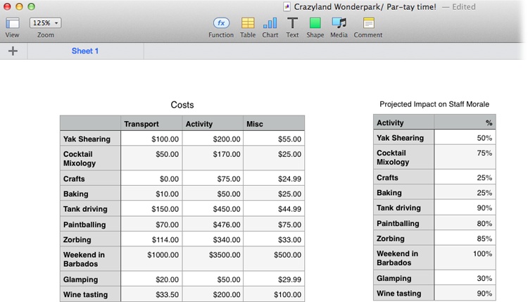 The staff’s spreadsheet contains the raw data for their presentation. It’s got some summary data (projected expenses, impact each activity will have on staff morale, and a breakdown of the different activities they’re dreaming of). As the designer, your job is to organize this data so that it’s easy to understand, helping to forcefully make the staff’s point.