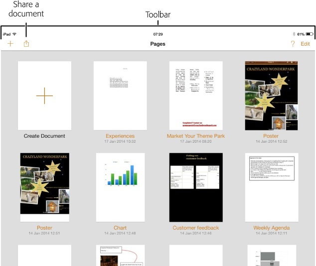 Documents view (shown here on an iPad) is command central for creating and organizing documents in Pages for iOS.