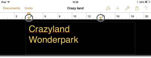 Double-tap an object, and the ruler appears at the top of your screen. The current margins are marked with little arrows (shown here at 4″ and 14″). To change the margins, drag the arrow icons along the ruler. All the text within the currently selected object shifts accordingly.