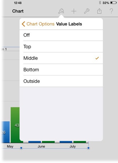 When you add value labels (like the numbers on each bar of this bar chart), Pages lets you choose where they appear in relation to what they’re annotating. In this example, your options are Top, Middle, Bottom, and Outside, but the options vary depending on the type of chart you’re editing.