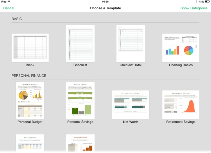 Just like in Numbers for Mac, the Template Chooser contains a selection of templates. Tap any template to create a new spreadsheet based on it. If you’re not sure which one to choose, you can always go with Blank to create your spreadsheet from scratch. By default, Numbers displays all the templates you can choose from, but you can view the templates for a certain category only by tapping Show Categories (sorry—you don’t have this option on an iPhone or an iPod Touch).