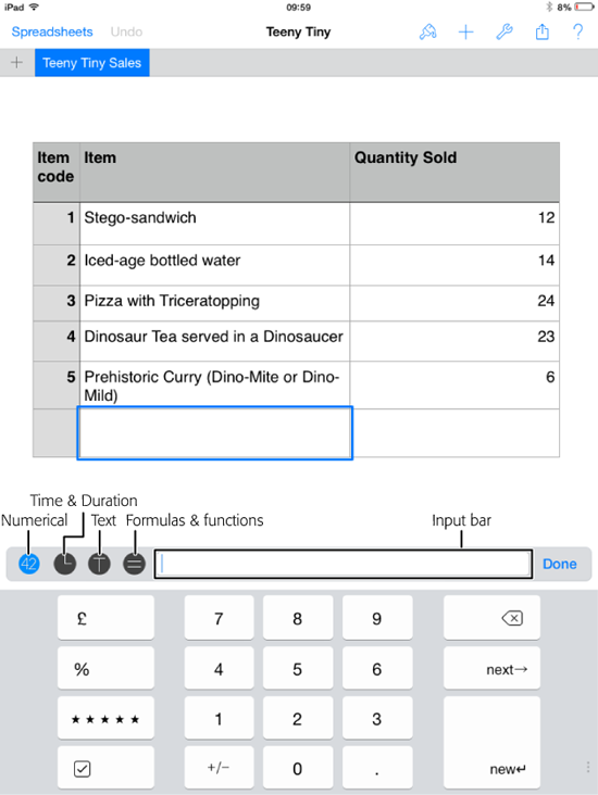 Tap any of these icons to access the corresponding keyboard layout: Numerical, Time & Duration, Text, and Formulas & Functions.