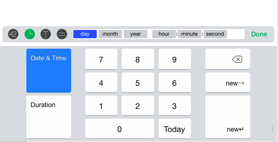 When you tap the Date & Time key, different date and time categories appear in the input bar, ranging from Year right through to Second. (On an iPhone or iPod Touch, you have to swipe left and right on the input bar to see all these options.) Tap any of these categories, and Numbers updates the keyboard based on your selection. Here, the input bar’s Day category is selected and the keyboard includes numeric keys so you can specify a day of the month.