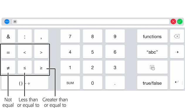 On an iPad, if you have the Formulas & Functions keyboard open but don’t see the comparison operators (indicated here), give the &≤≠ key a tap.On an iPhone or iPod Touch, when you first display Numbers’ Formulas & Functions keyboard layout, you see some of these operators. To see the rest, tap the %≠≤ key.