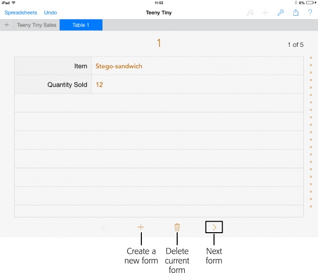 Here’s the record from Figure 26-8 again. If you’re on an iPad, you can move between records by dragging the dots along the right side of the record. And you can use the icons along the bottom of the record to perform tasks such as deleting and adding records.