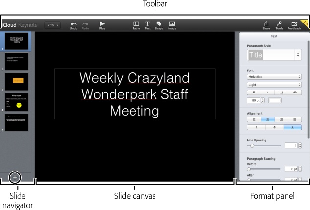 Keynote for iCloud’s editing window looks almost exactly like the one in Keynote for Mac. The screen is divided into the toolbar, the slide navigator, the slide canvas (which displays the currently selected slide), and the Format panel. If you’re familiar with Keynote for Mac, you’ll feel right at home; if not, this book will get you there!