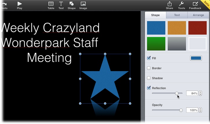 Turn on the Reflection checkbox to add a faded mirror image of a shape. You can then change its opacity either by manipulating the slider (where the cursor is here), clicking the text field next to it and typing out a new number, or clicking the little arrow buttons.