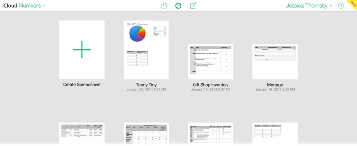 Documents view is where you start out when you log into Numbers for iCloud. To create a spreadsheet, click the + sign and the Template Chooser opens so you can pick a template to base your spreadsheet on. This works just like in Numbers for Mac (page 433).To open an existing document, double-click its thumbnail.