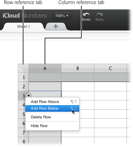 Use the table’s reference tabs to tell Numbers where to add a new column or row. Put your cursor over the reference tab where you want to insert a row or column, click the tiny triangle when it appears, and then choose an option from the drop-down menu. For rows, you can choose between Add Row Above and Add Row Below; for columns, your options are Add Column Before and Add Column After.