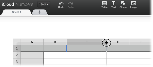 To resize a column, put your cursor over the boundary between it and its neighbor to the right. To resize a row, place your cursor over the boundary between it and the row beneath it. When the double-headed arrow appears (circled), drag to resize.