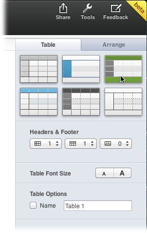 Numbers has several ready-baked styles that you can apply to your tables, including different color schemes. To apply a style, select the table, open the Format panel’s Table tab, and then click any of the thumbnails at the top of the tab.