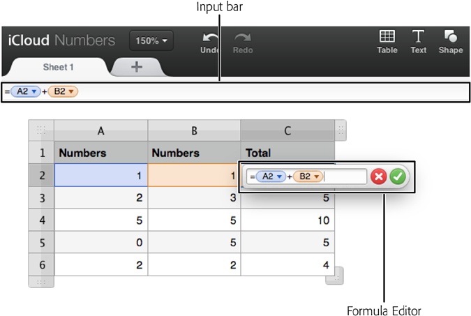 If you select a cell that’s powered by a formula, the full formula appears in the input bar. This formula adds the value in cell A2 (1) to the value in cell B2 (1), so the data that ultimately appears in the selected cell (C2) will be 2. (See page 527 for the lowdown on cell references.)