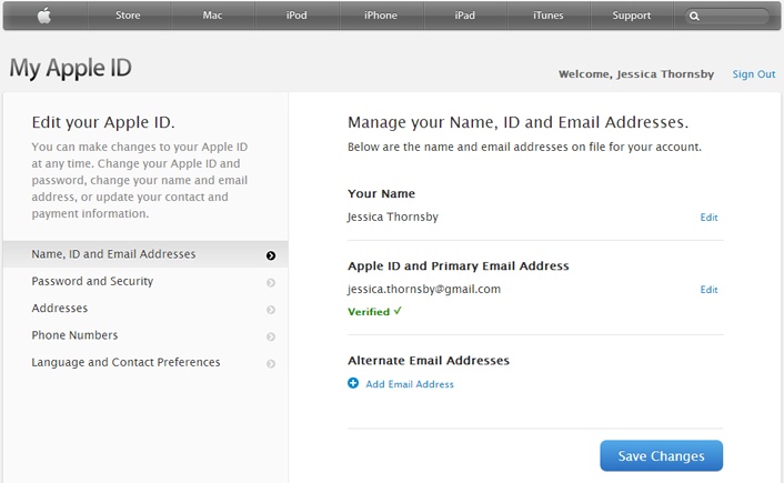 Log into your Apple ID account and select any category in the list on the left to review all the info that falls under that category. To make a change to any item, click its blue Edit link. Click Save Changes to make your edits permanent. Depending on the info you’re editing, you may also spot an Add button that lets you add more information, such as a second email address.