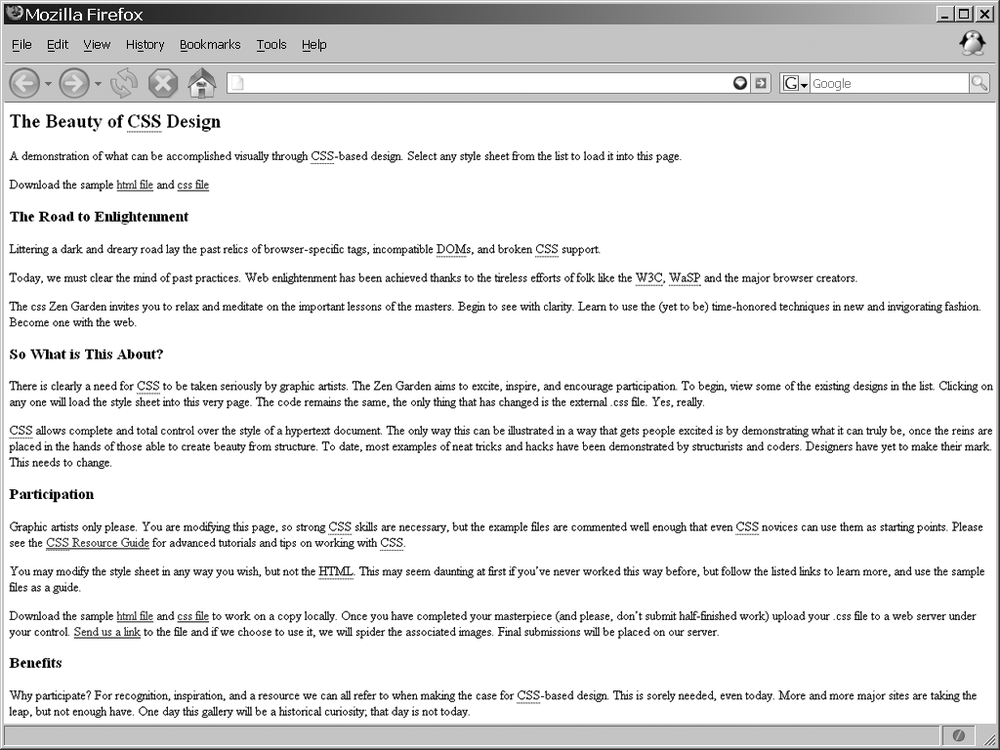 The unstyled CSS Zen Garden page
