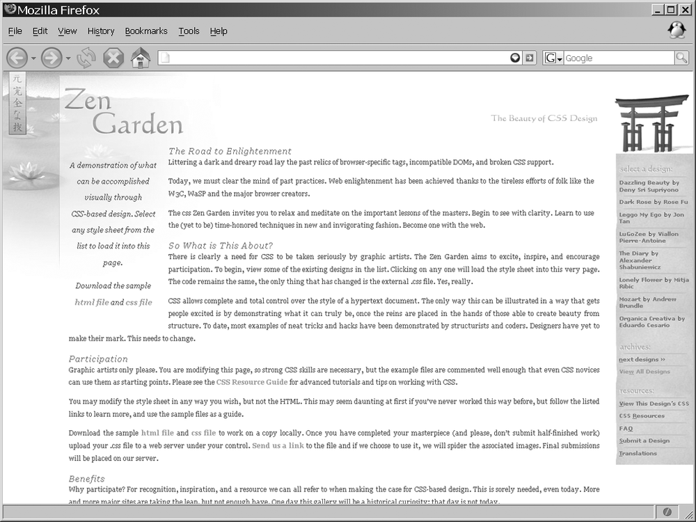 The default CSS Zen Garden site created by Dave Shea