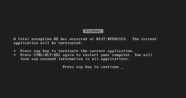 A typical "blue screen of death" in Windows