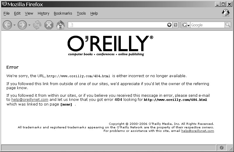 The 404 error shown on O'Reilly's web site