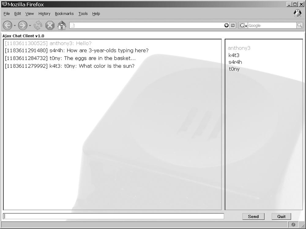 The working Ajax chat application in all its glory