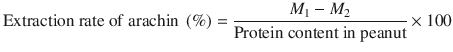 
$$ \mathrm{Extraction}\ \mathrm{rate}\ \mathrm{of}\ \mathrm{arachin}\ \left(\%\right)=\frac{M_1-{M}_2}{\mathrm{Protein}\ \mathrm{content}\ \mathrm{in}\ \mathrm{peanut}}\times 100 $$
