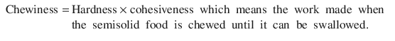 
$$ {\displaystyle \begin{array}{ll}\mathrm{Chewiness}=& \kern-0.4em \mathrm{Hardness}\times \mathrm{cohesiveness}\kern0.5em \mathrm{which}\kern0.5em \mathrm{means}\kern0.5em \mathrm{the}\kern0.5em \mathrm{work}\kern0.5em \mathrm{made}\kern0.5em \mathrm{when}\kern0.5em \hfill \\ {}& \kern-0.4em \mathrm{the}\kern0.5em \mathrm{semisolid}\kern0.5em \mathrm{food}\kern0.5em \mathrm{is}\kern0.5em \mathrm{chewed}\kern0.5em \mathrm{until}\kern0.5em \mathrm{it}\kern0.5em \mathrm{can}\kern0.5em \mathrm{be}\kern0.5em \mathrm{swallowed}.\hfill \end{array}} $$
