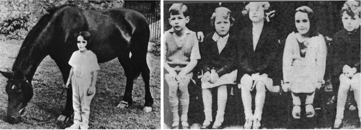 Two views of Baby Elizabeth: left photo: Intuitively preparing for National Velvet, and right photo: a class portrait from 1937. Five-year-old Elizabeth is the fourth figure from the left.