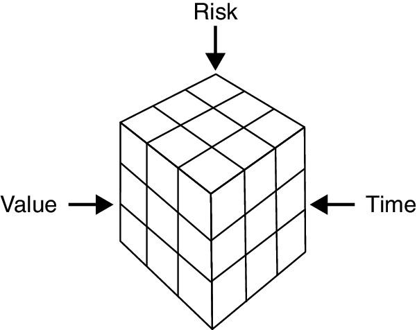 Diagram of cube with grid, pointing to value on left, time on right, risk on top.