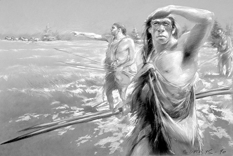 I neandertaliani Fidanzato del nord e Zio forte a caccia di lepri delle nevi.