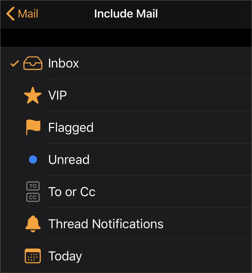 Figure 77: Select which types of messages appear in the Mail app.